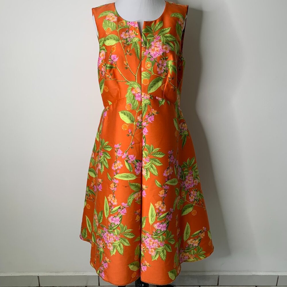 Women's Orange Floral Colorful Sleeveless Open Flare Cocktail Dress Size Medium